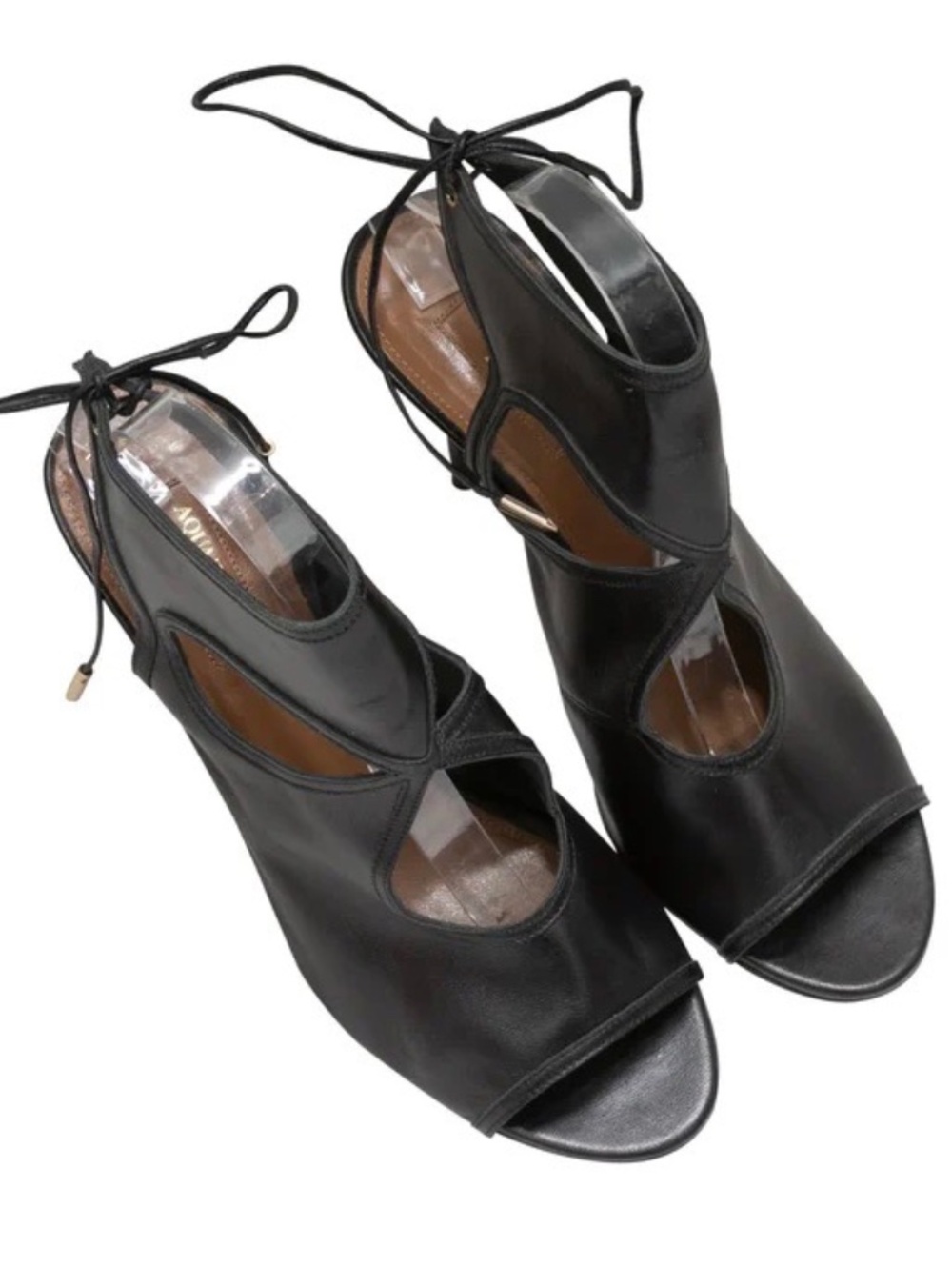 Aquazzura Black Leather Cutout Peep-Toe Booties Heels Stiletto Size 36